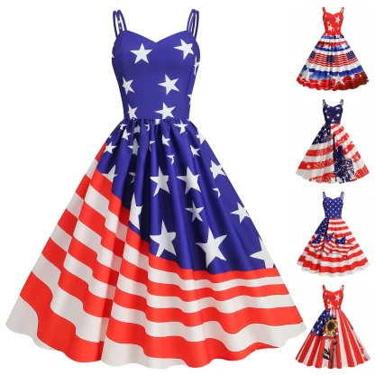 Vintage American Flag Print Summer Dress